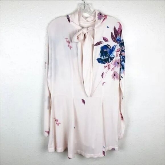 New FREE PEOPLE S Gemma Watercolor Floral Choker Neck Open Back Tunic Mini Dress - Picture 3 of 5